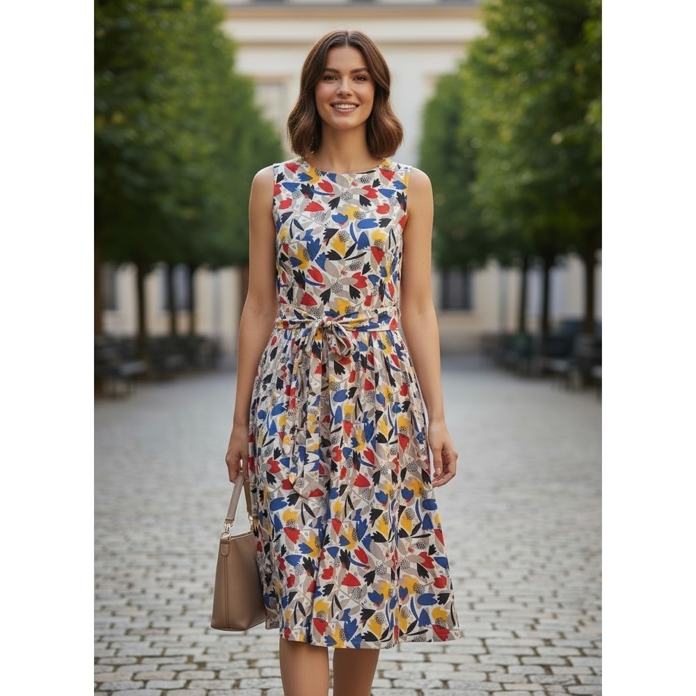 Anne Klein Dress Womens 14 Fit and Flare Multicolor Abstract‎ Floral Belted EUC